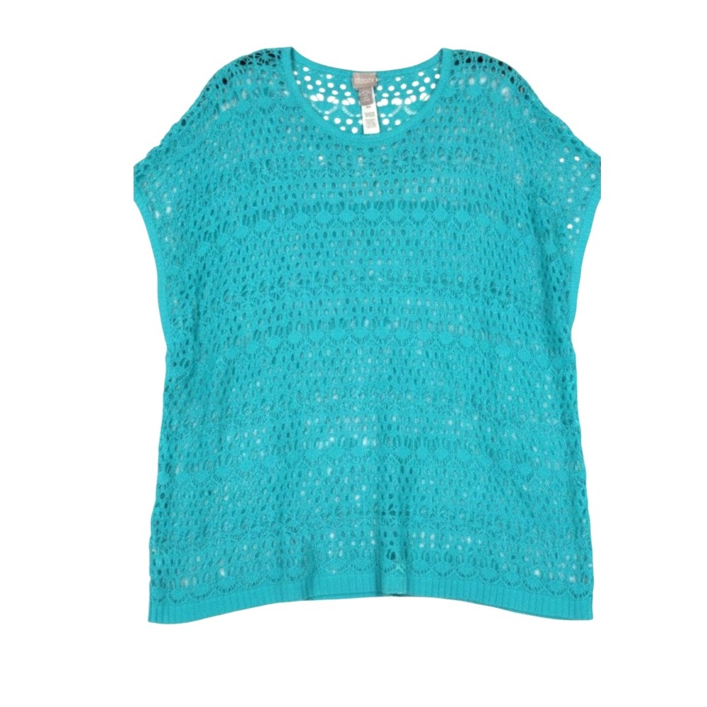 NWT CHICO'S Aqua Vine OPEN WEAVE CROCHET KNIT Paula Body SWEATER PONCHO Sz L/XL